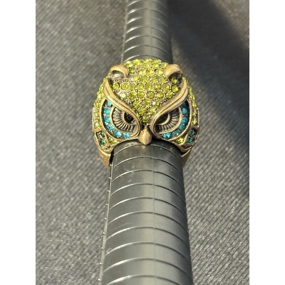 Chicos Owl Stretch Ring Size 7-9 Green Teal Rhinestone Gold Tone Statement - Picture 4 of 6